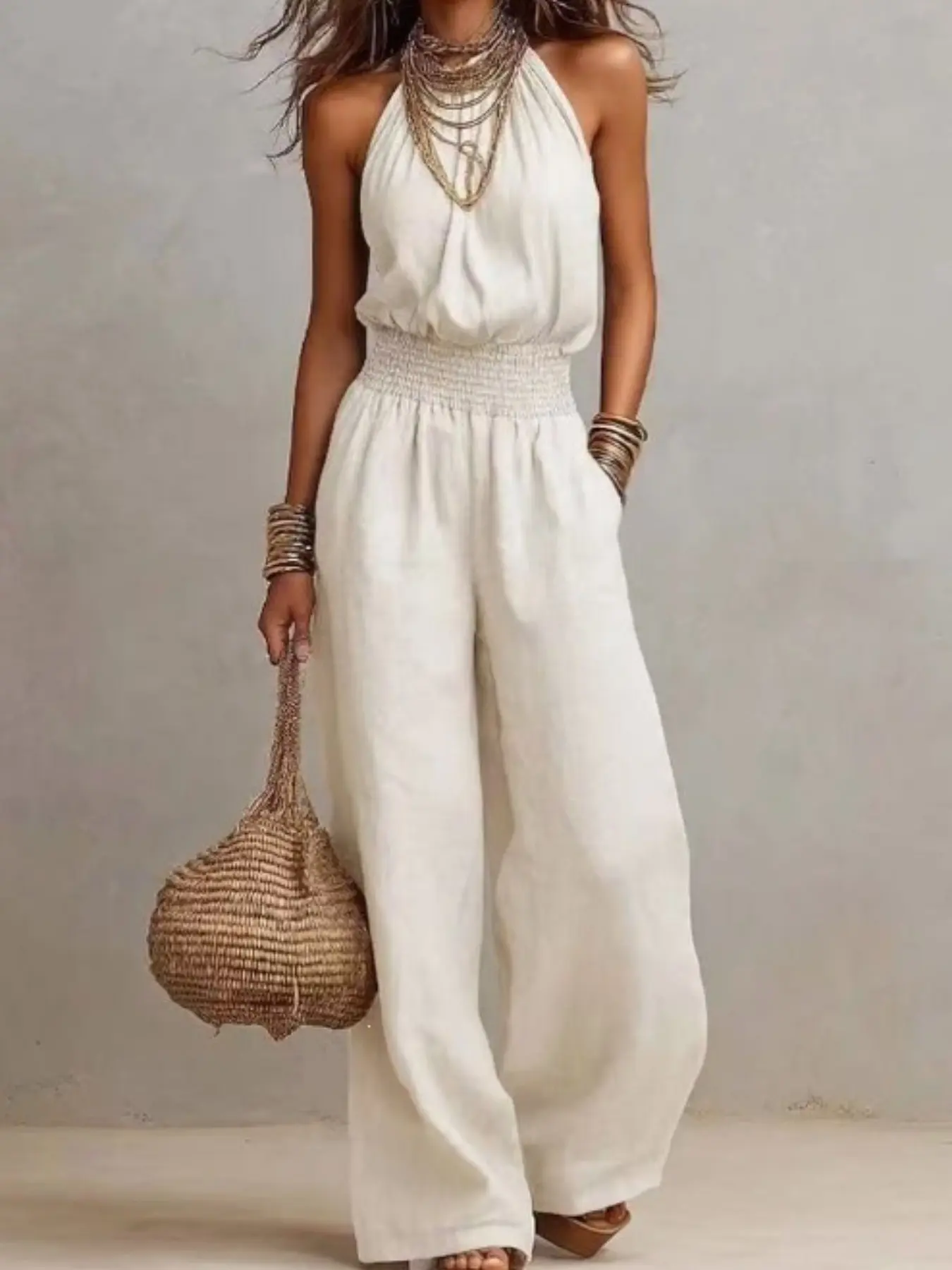 2026 New Women's Sleeveless Open Back Baggy Jumpsuit, High Waist One Piece, Casual Vacation Streetwear