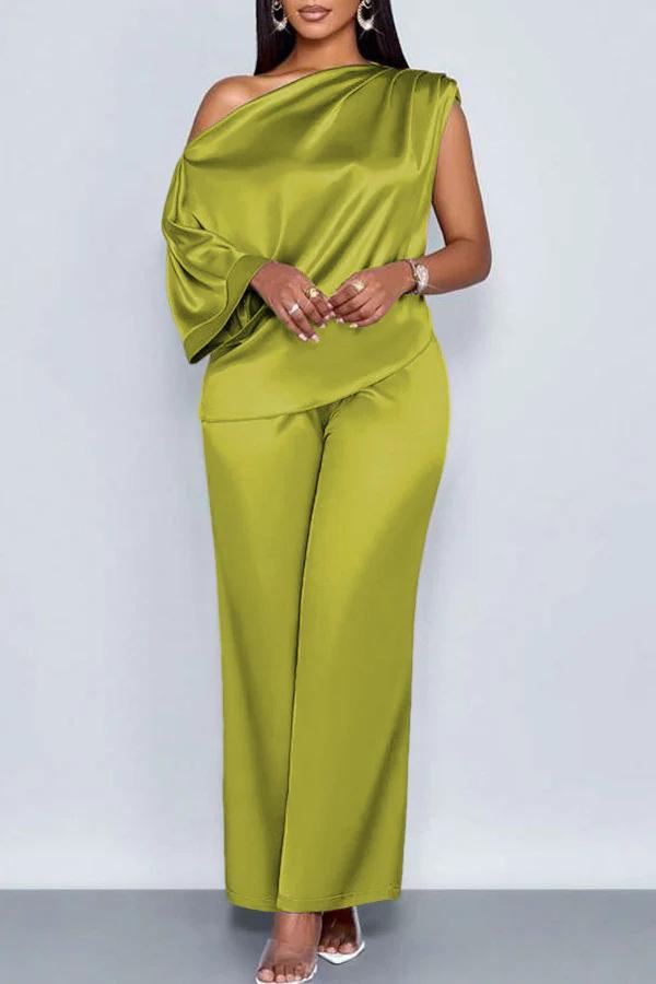 Summer Casual Women's Satin Suit with Asymmetrical Collar, Short-Sleeved Top and Long Pants Set