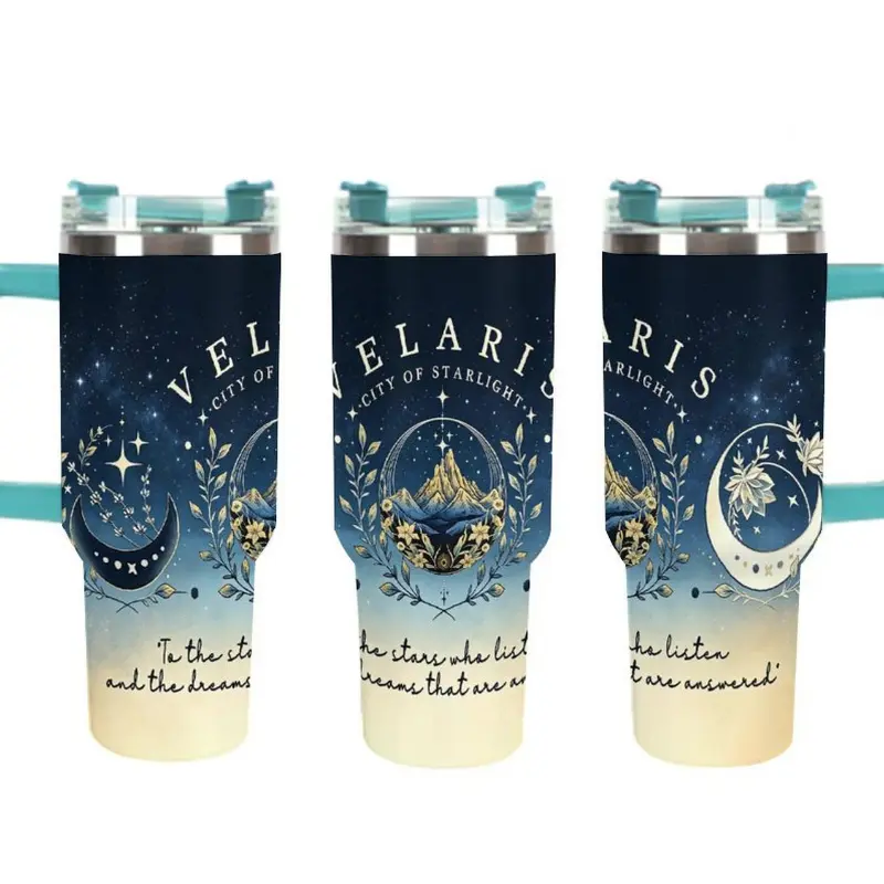 Velaris City of Starlight Tumbler with Handle and Lid, ACOTAR Insulated Stainless Steel Travel Mug, To The Stars Who Listen Bookish Water Bottle, Night Court Gifts for Book Lovers, Fantasy Book Merch