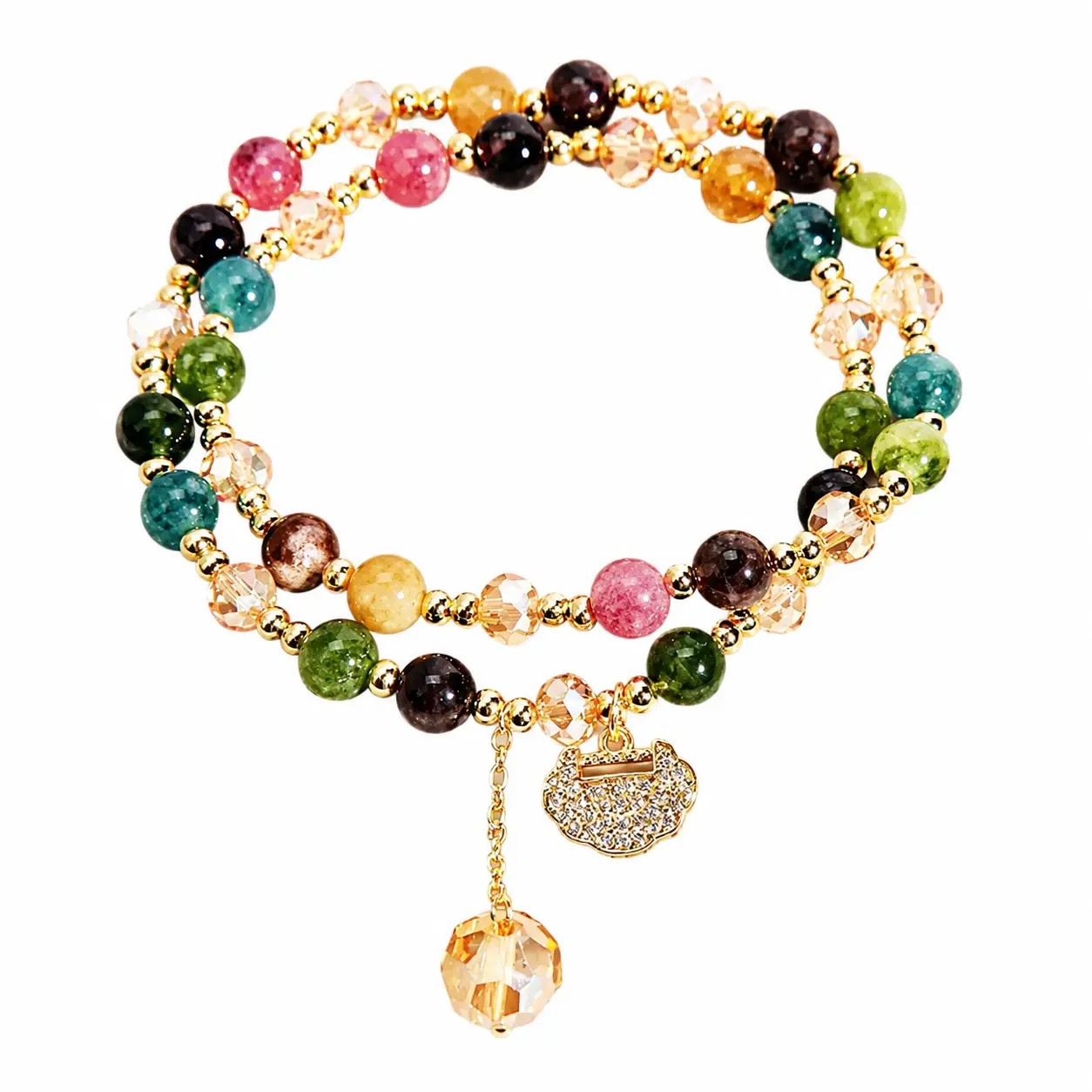 2026 Handcrafted Double-Layer Rainbow Tourmaline Beaded Bracelet in Round Cut — Natural Seven-Color Gemstone Jewelry for Everyday Wear, Yoga Practice, Mindful Gifting, Featuring a Subtle Longevity-Inspired Toggle Clasp and Bohemian Color-Block Design