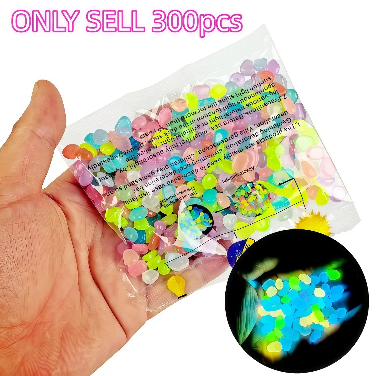 Glowing Garden Stones, 300 Pieces Per Bag, Resin Luminous Stones for Small Pots, Outdoor Decor, Painting Stones, 0.1 Lbs