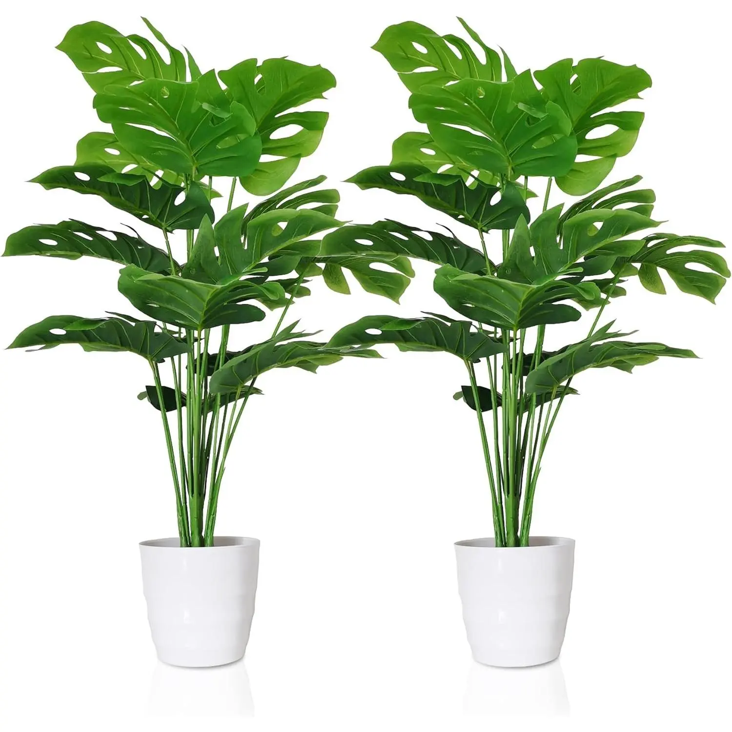Set of 2 Plastic Artificial Monstera Deliciosa Plants in Iron Pots, Decorative Fake Tropical Greenery with Stems, 28-in Cheese Plant for Home, Wedding Decor, Nature-Inspired Office Windowsill Accents, Fake Leaves, Monstera Shape