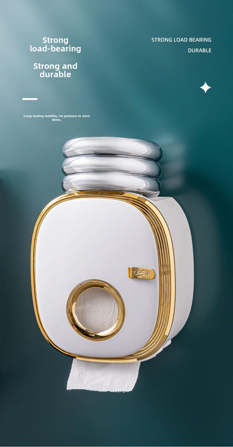 OTEN Large Capacity Double-layer Waterproof Tissue Storage Box Wall Mounted Plastic Roll Paper Holder Non Perforated Design with Storage Compartment Home Goods Installation Golden