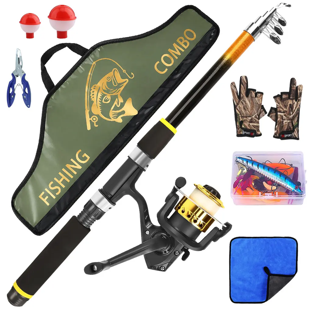 Collapsible Spinning Rod and Reel Set, Full Tackle Kit with Pliers,Gloves,Towel,Lures and Carry Bag, Portable Outdoor Freshwater Bass Fishing Gear for Beginner Anglers