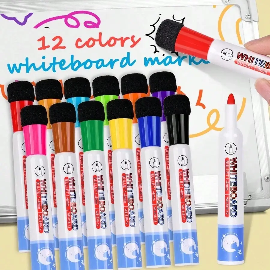 12/24 Color Whiteboard Pens with Eraser, Ideal for Whiteboards and Calendars, Perfect for Classroom, Home, Office Supplies, Back-To-School Season