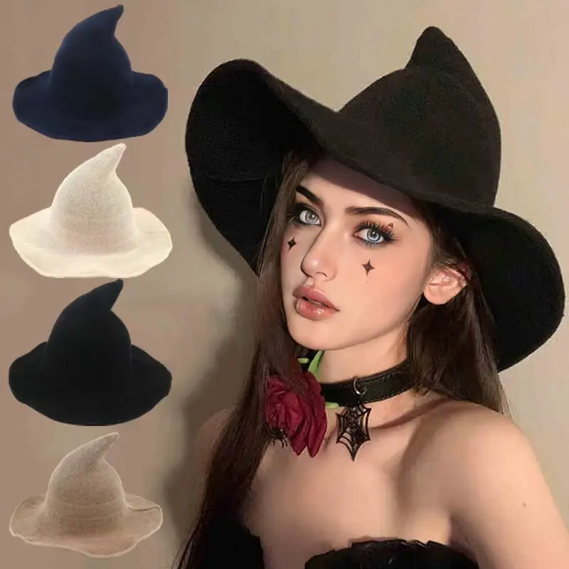 Women Halloween Witch Hat, Pointed Wizard Cap with Cotton Yarn, Fall Winter Foldable Crochet Magic Hat, Gothic Lolita Sorceress Bonnet Costume, Breathable Soft Knitted Headwear for Cosplay Festive Party