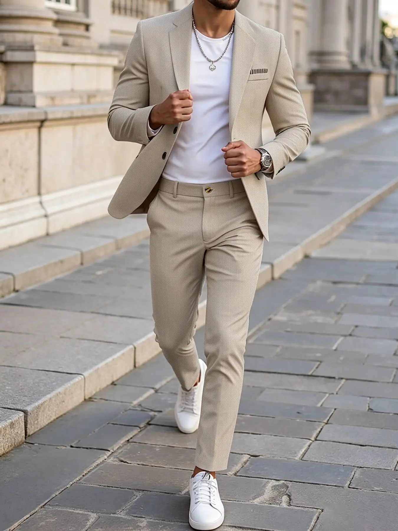 Men's suit featuring a textured fabric with a subtle plaid pattern and exquisite detailing; the sharp, tailored cut offers a slim, flattering fit, making it suitable for both casual and formal occasions.