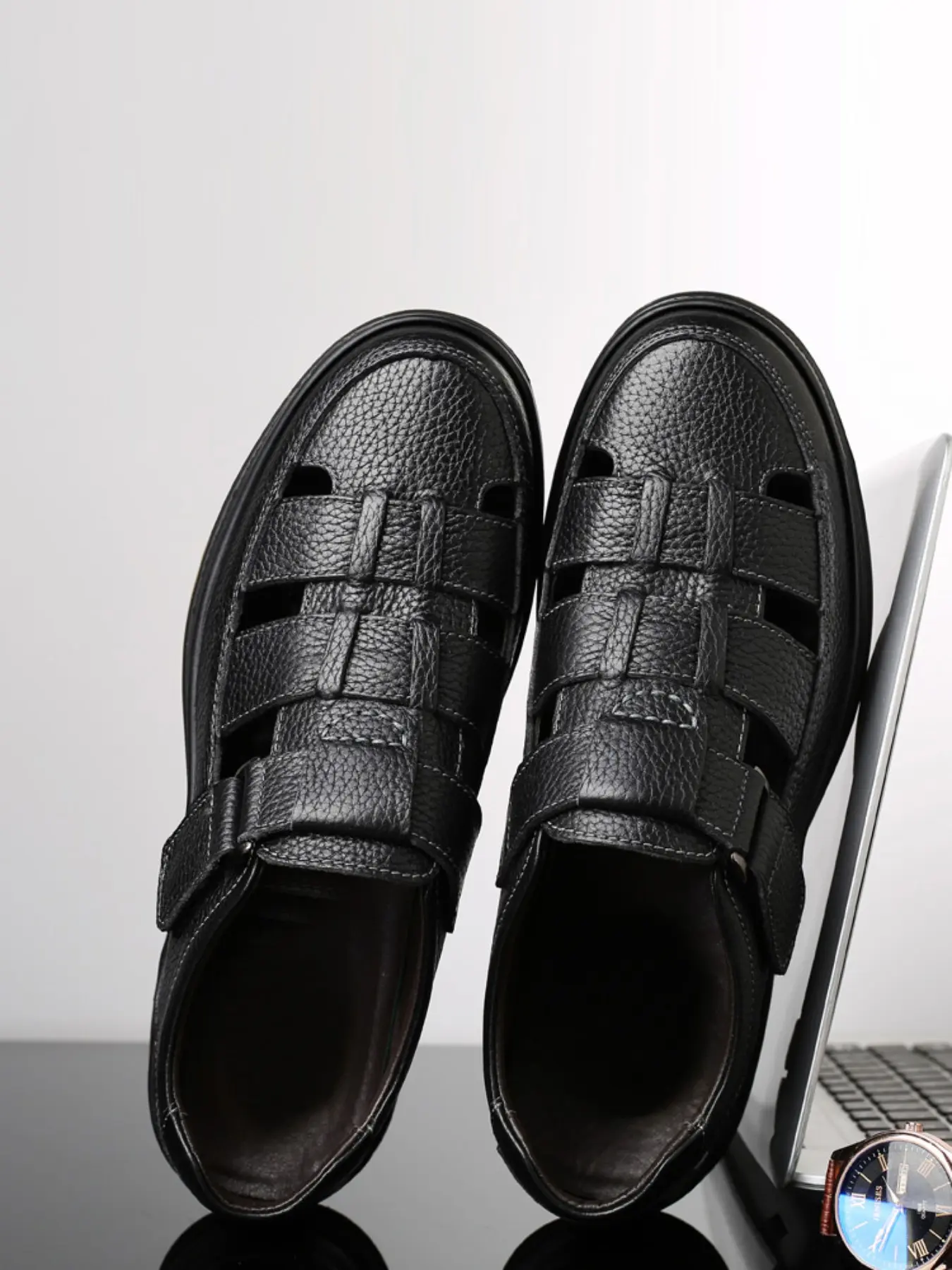 Men's Open-Toe Braided Sandals, Hollow Out Sewing Craft, Anti-Tip Anti-Collision Thick Sole, Non-Slip, Sizes 38-48, Business Casual Summer Shoes
