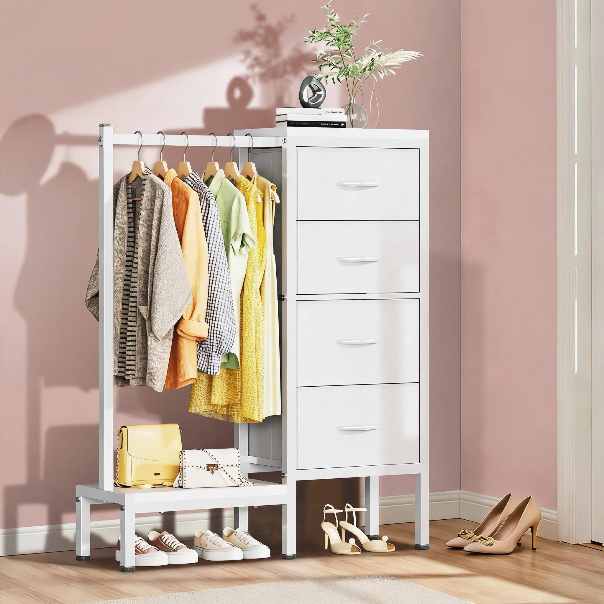 Dresser with Hanging Rack, Reversible Bedroom Dresser with Shoe Rack & 4 Fabric Drawers, 4 in 1 Storage Kids Chest of Drawers for Bedroom Entryway Living Room