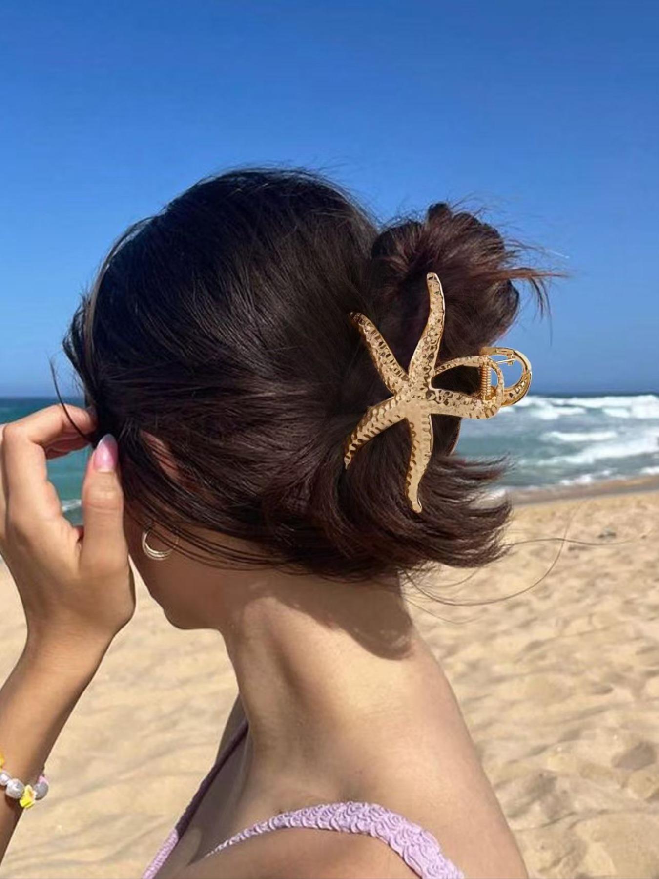 Coastal Vintage Starfish Clip – Elegant Hair Accessory Golden Starfish Hair Claw Clip: Hammered Metal, Beach  main image 4