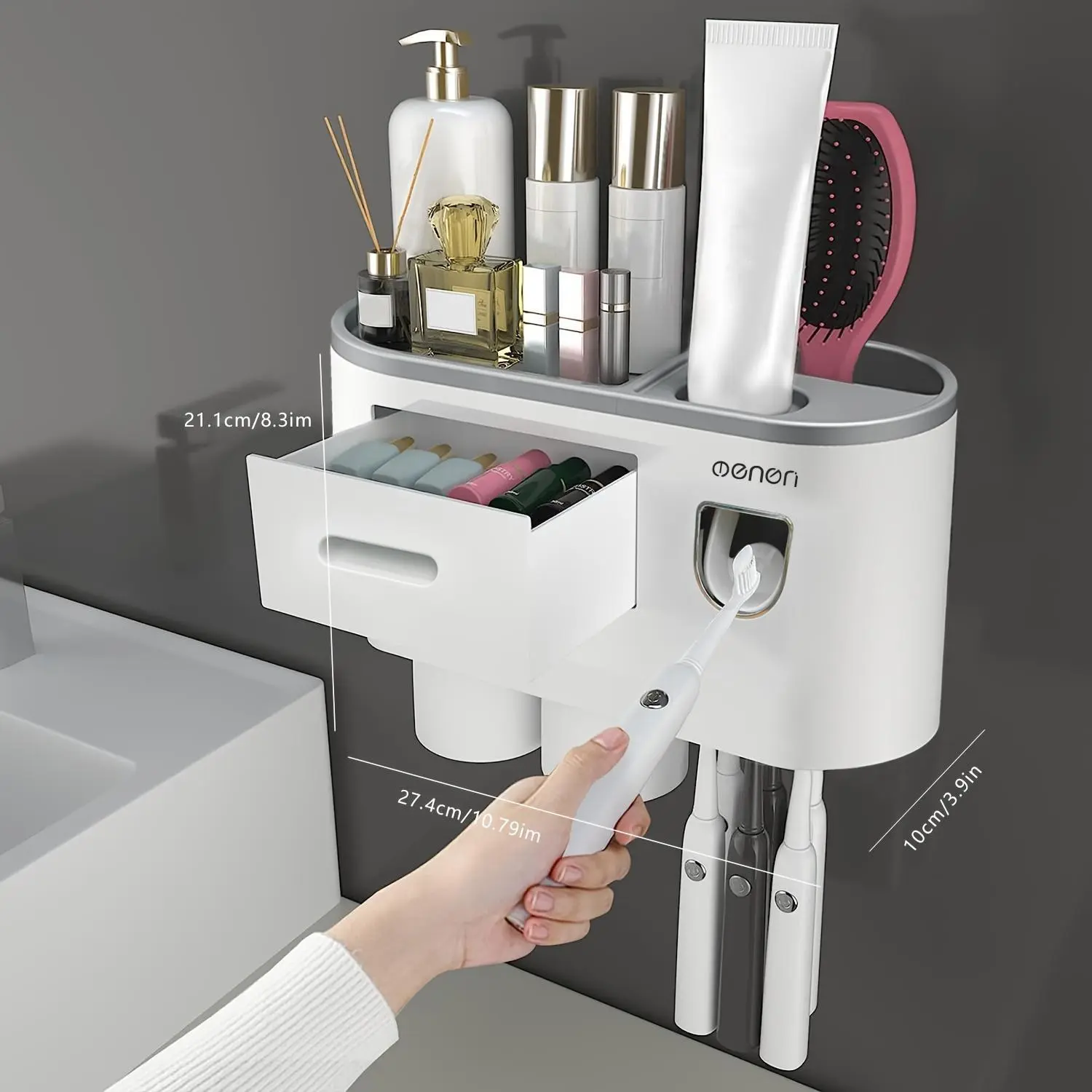 Wall-Mounted Toothbrush Holder, Modern Durable Bathroom Organizer with Concealed Drawer and Multi-Sections for Space-Saving Storage of Toothbrushes & Small Items