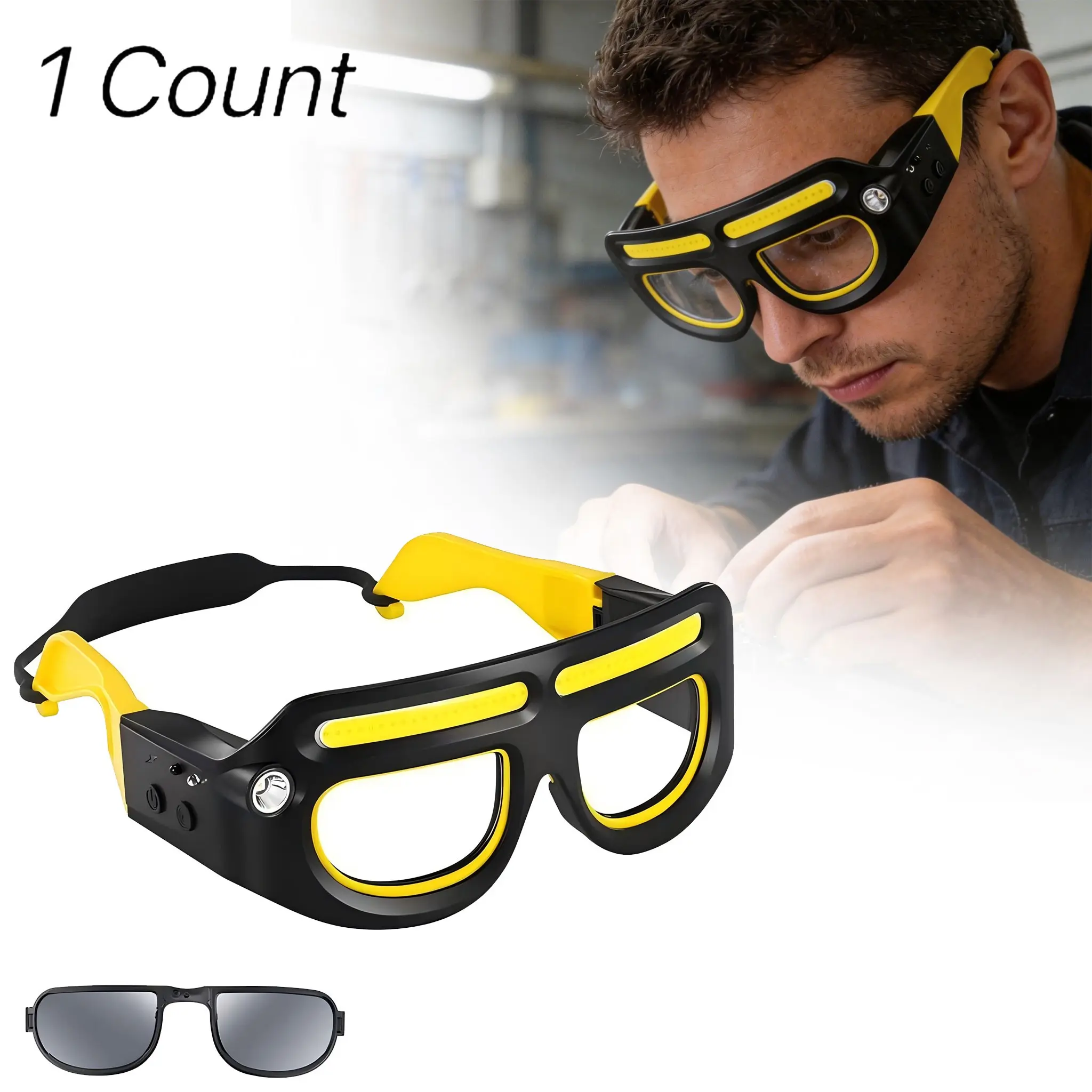 Wild Bright 1-pack Hands‑Free Rechargeable LED Safety Glasses,Dual‑Source COB Lighting,Removable Tinted Lenses, 5 Light Modes ,Resistant,Ideal for Auto Repair, Night‑Shift Work, Camping, Cycling & Emergency Use