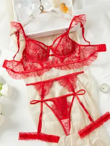 Romantic Midnight Floral Embroidered Lace Lingerie Set, Steel Ring Thong Garter Belt Leg Rings, Comfortable Women's Underwear