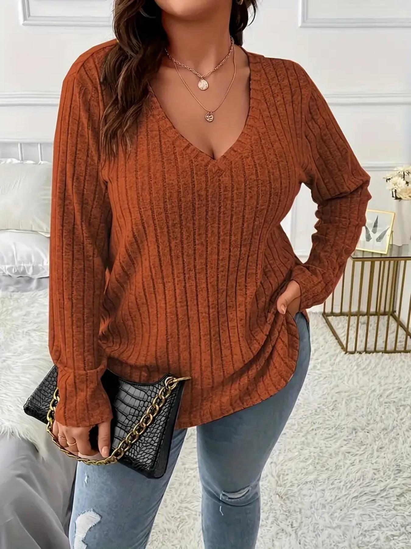 Plus Size Solid Long Sleeve Tee, Casual Comfy V Neck Top for Fall Daily Outdoor Wear, Women Plus Clothing for Fall , Fall Outfits 2024, Fall Outfits, Earthtone Fallfreshness, Dressy Casual Tops