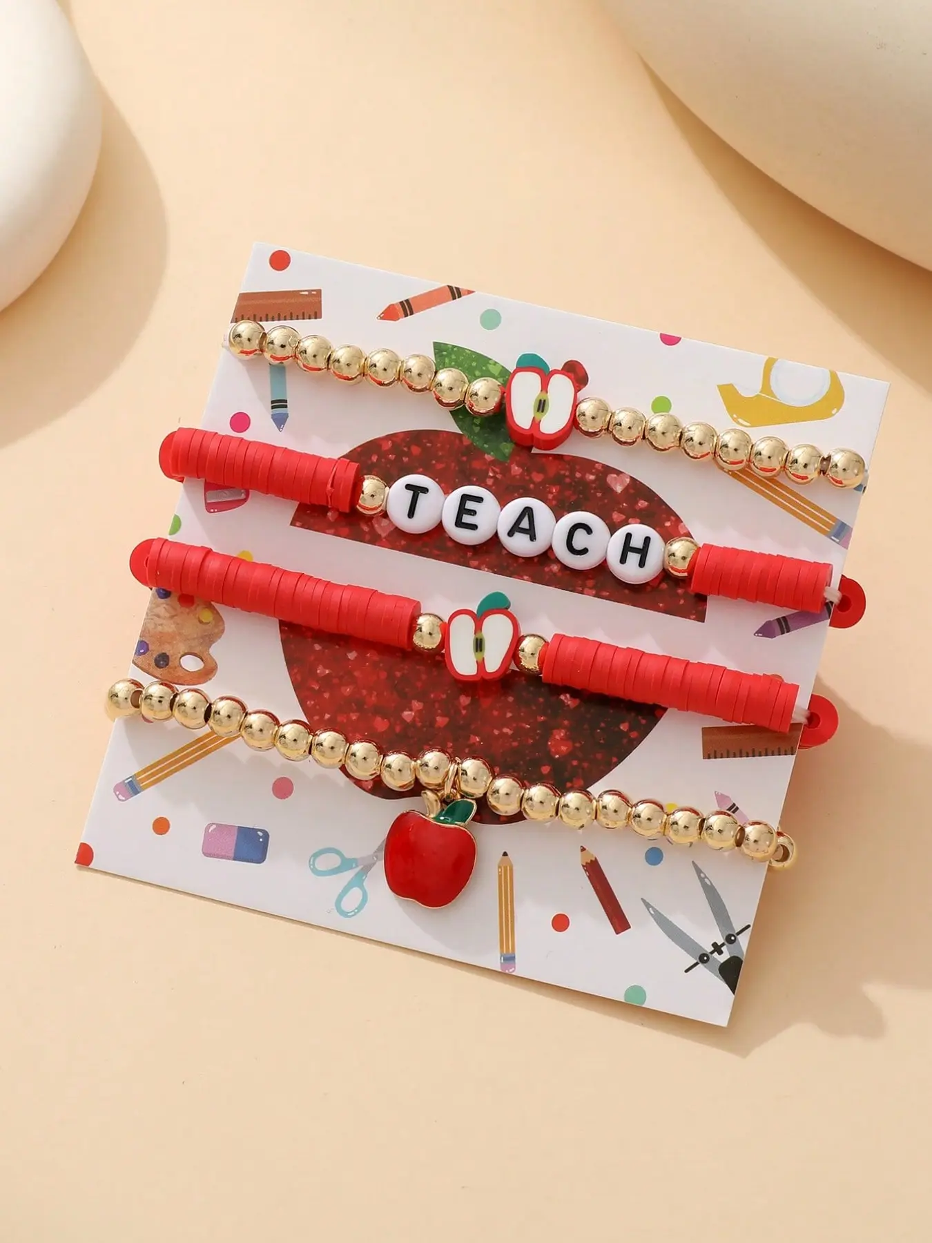 4 Piece Acrylic Letter Teach Polymer Clay Apple Bead Elastic Stackable Bracelet, Back-To-School Teacher's Day Gift, Fashion Jewelry