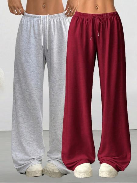 Women's Casual Drawstring Wide-Leg Pants, 2 Pack Simple Solid Color Loungewear, Comfortable for Spring Summer Fall Daily Use