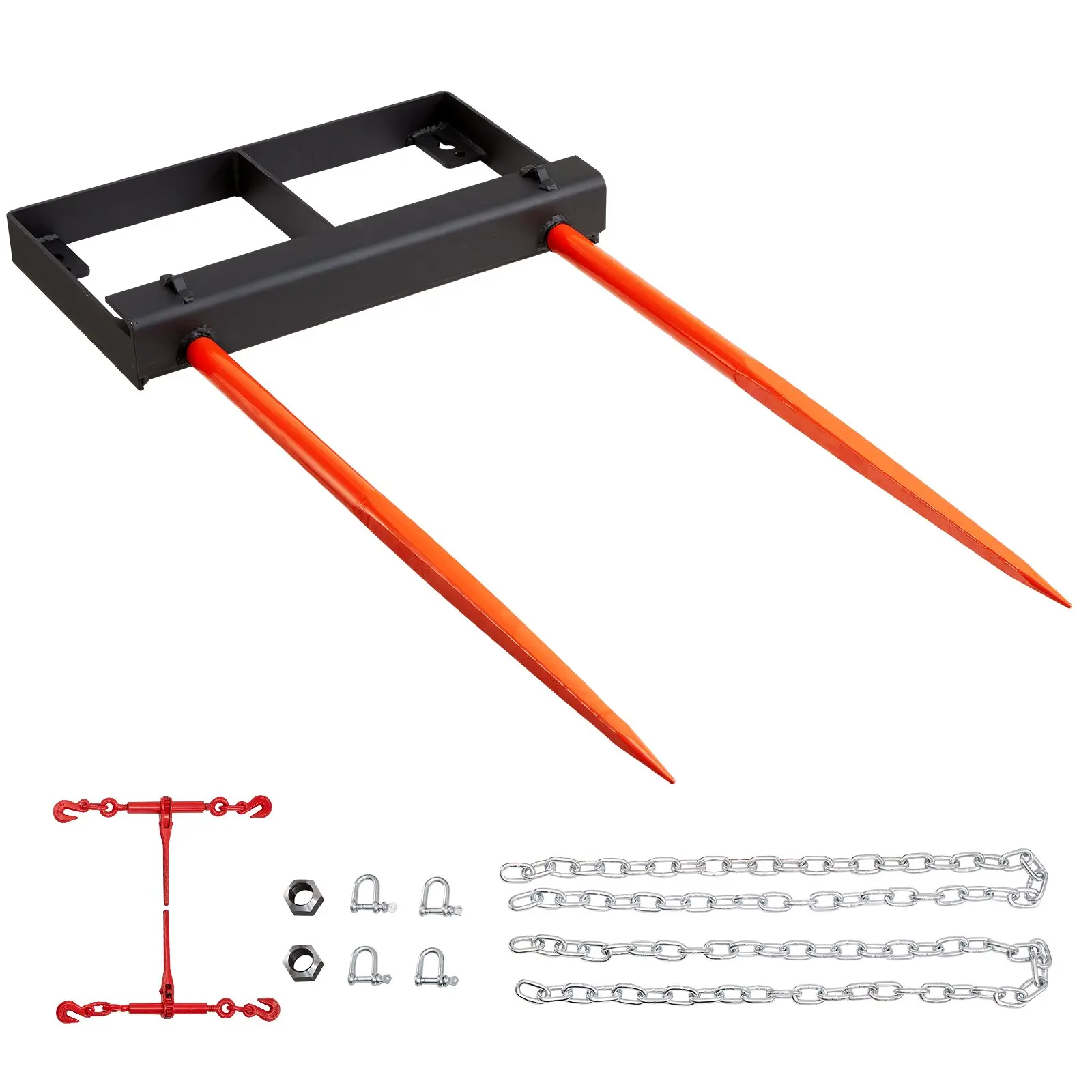 【DealsForYouDays】VEVOR 49" Hay Spear, Bale Spears 3000lbs Loading Capacity, Skid Steer Loader Tractor Bucket Attachment with 2pcs 17.5" Stabilizer Spears and 60" Chain, Quick Attach Spike Forks