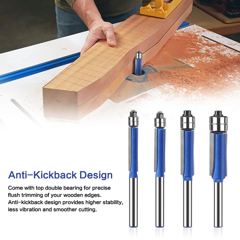 4PCS Flush Trim Router Bit Set 1/4 Inch Shank Top Bearing Flush Trim Router Bit