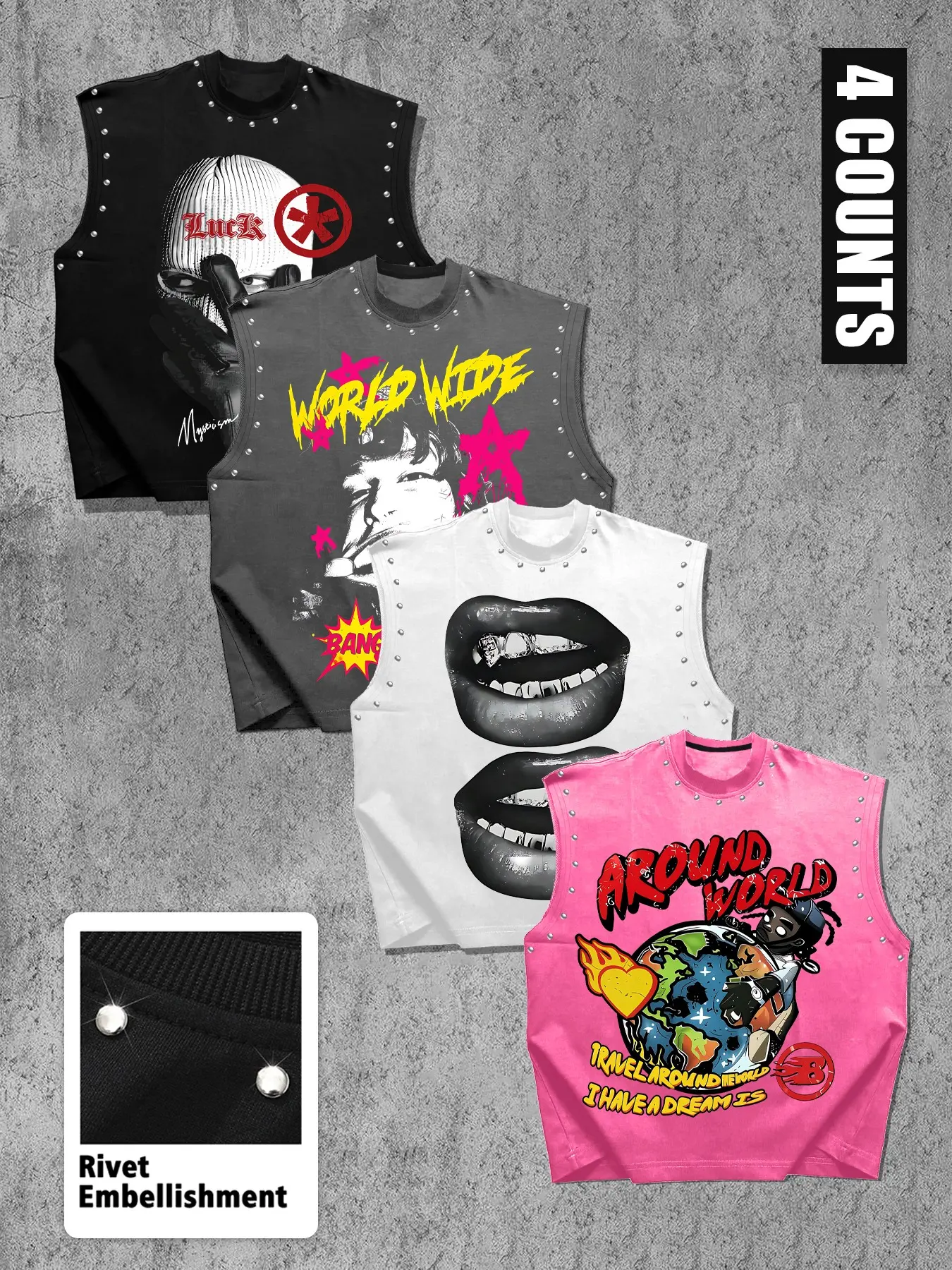 Men's Summer Casual Baggy 4-Piece Tank Top Set, Masked Man, Portrait, Lip, Earth Graphic Print, Breathable Fabric, Daily, Sport, Streetwear