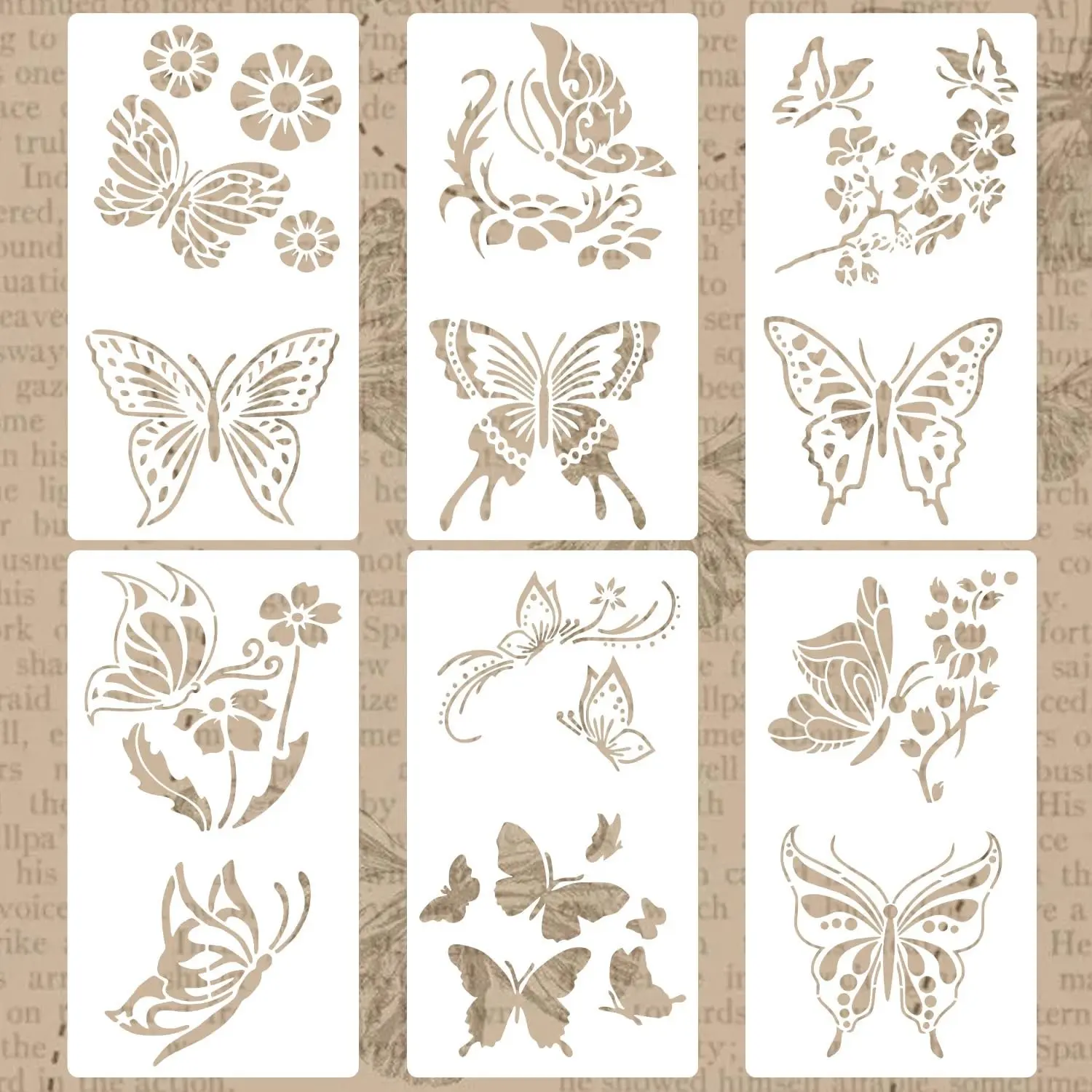 6PCS Reusable Flying Butterfly Stencils Plastic Nature Floral Templates for Painting on Wood Walls Fabric Furniture Floors Home Decor DIY Crafts 11.8 x 6.3 Inch