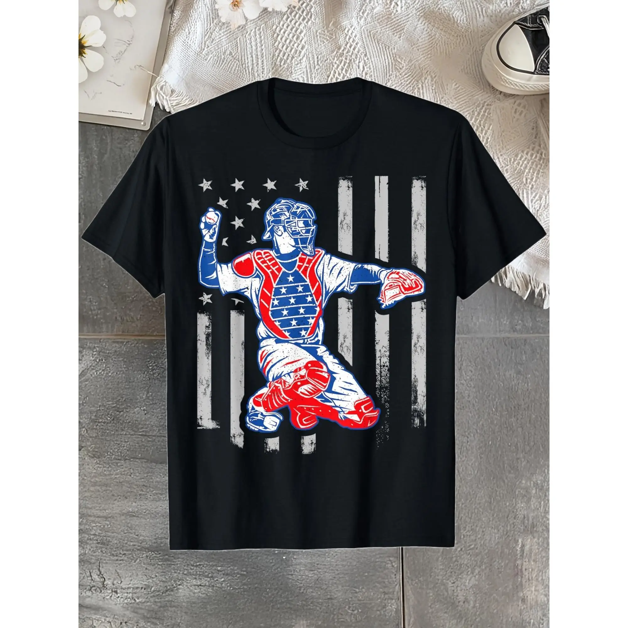 Men's Vintage Graphic Tee, USA Flag Baseball Catcher Design in 100% Cotton, Athletic Fit for 4th of July & All Seasons, Foldable, Hand Wash, Vintage Graphic Tees, Cotton Graphic Tees, Hangable Foldable