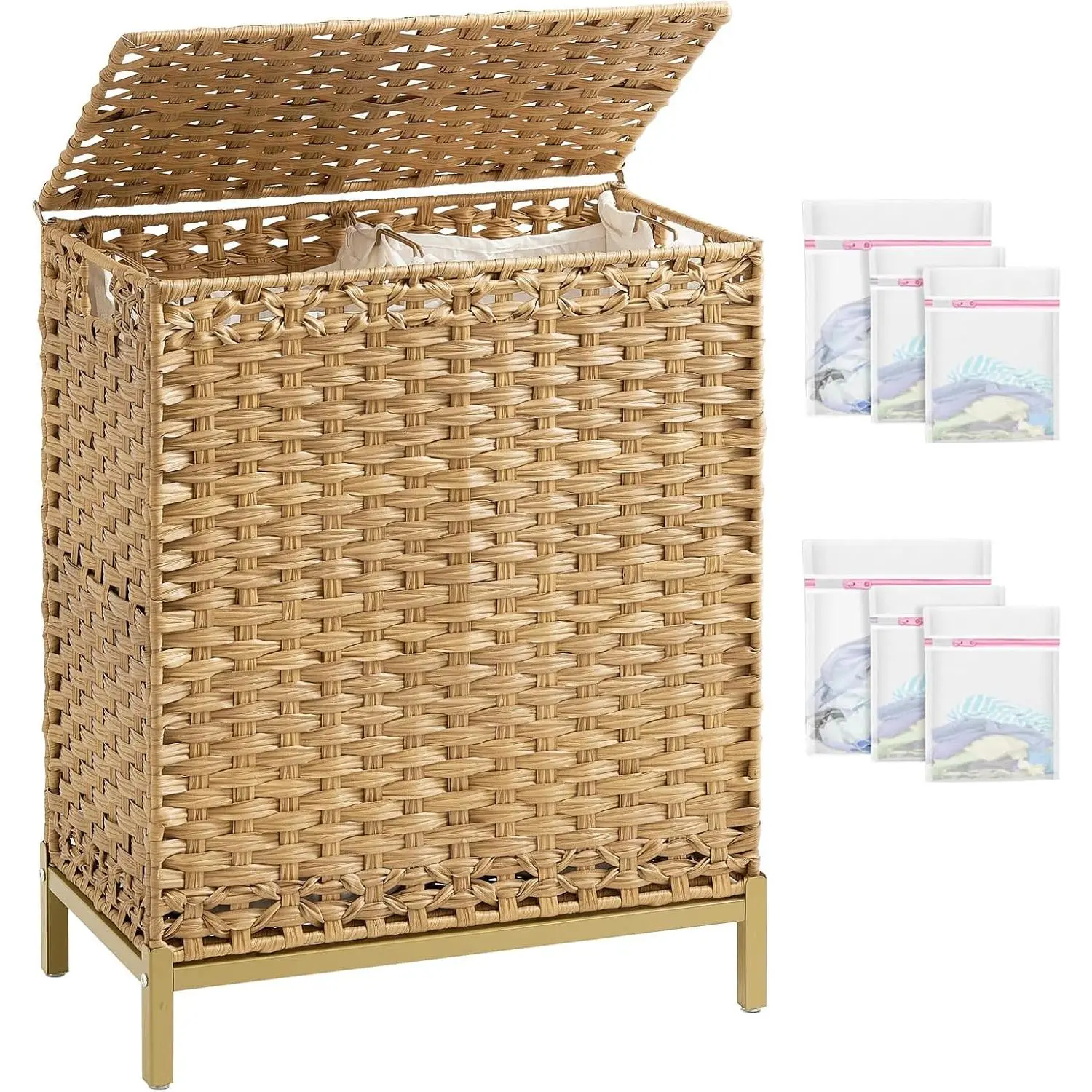 Handwoven Weave Rattan Wicker Laundry Hamper with Lid - 112L Large 2-Section Laundry Storage, 2 Removable Liner Bags, 6 Mesh Bags, Metal Heightened Feet, Modern for Bathroom/Bedroom, Natural