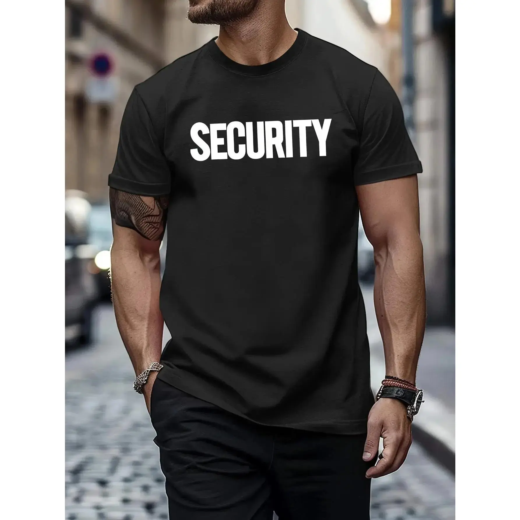 Men’s Short-Sleeve Security Graphic T-Shirt, Security Guard Bouncer Uniform Tee, Event Staff Work Casual Menswear Top for Cosplay Costumes Enthusiasts