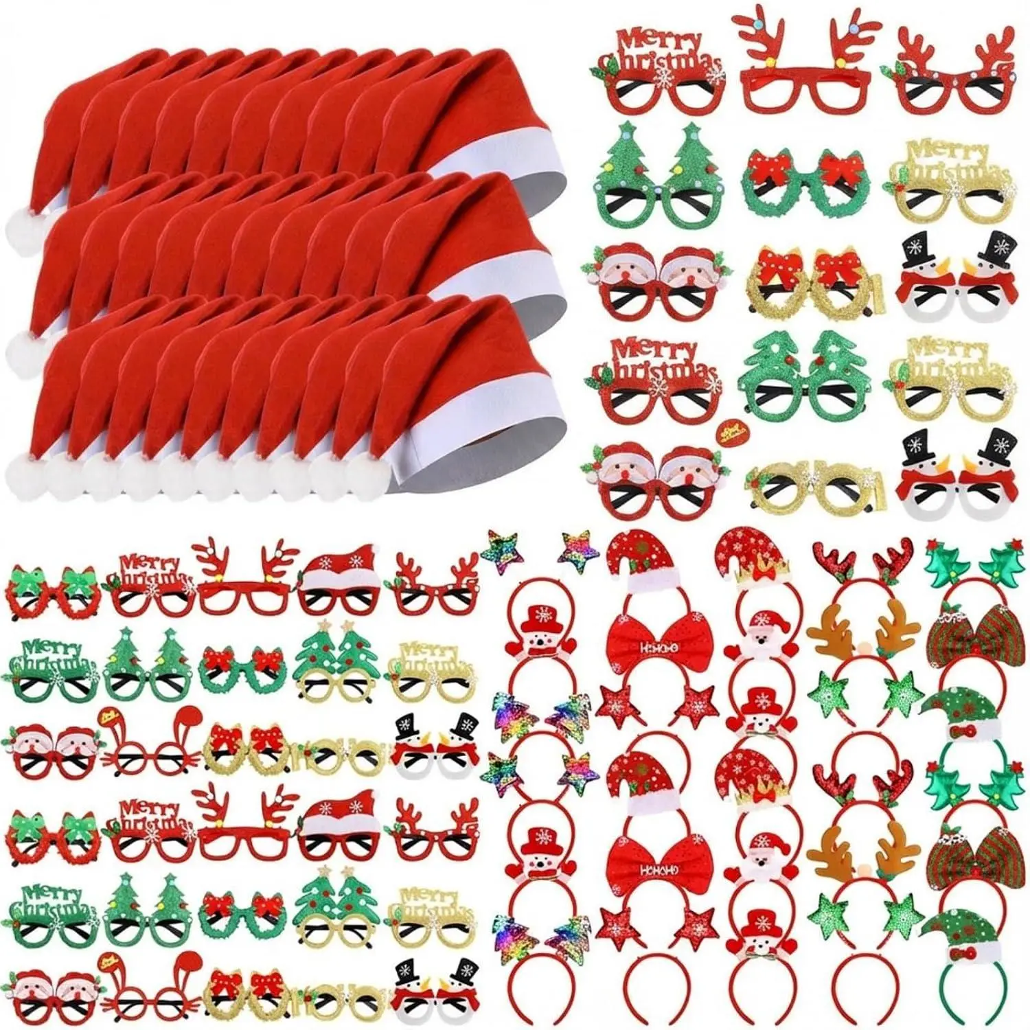 150 count Christmas Party Gifts Bulk Christmas Glasses Frame and Headbands, Santa Hats, Beaded Necklaces, Snap Bracelets for Women Men Photo Booth Xmas Costume Holiday Party