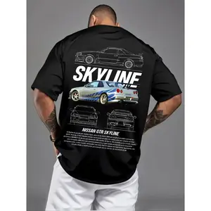 Men's Nissan Skyline GTR R34 Graphic Casual Streetwear Menswear Fitted T-Shirt Top - Oversized JDM Car Enthusiast Tee, Fast & Furious Inspired Shirt, Vintage Blueprint Design, Perfect Gift for Car Lovers, Drifting Fans & Tuners