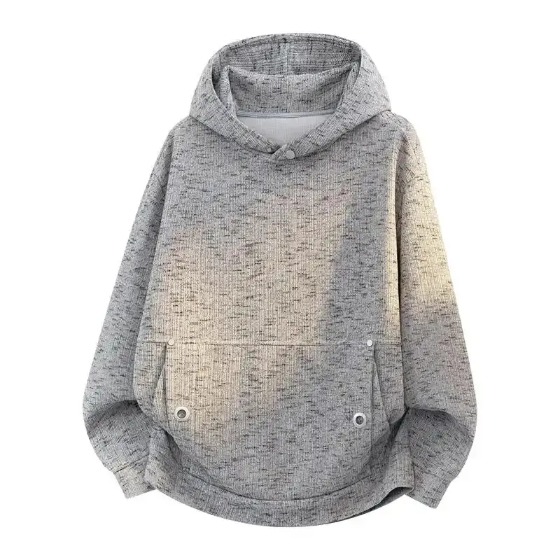 Men's Minimalist Solid-Color Textured Hooded Sweatshirt, Menswear Tops for Spring/Fall, Single-Button Placket, Metal Snap Buttons, Curved Hem, Slim Fit with Dropped Shoulders, Flattering for All Body Types, Suitable for Commuting, Home Wear