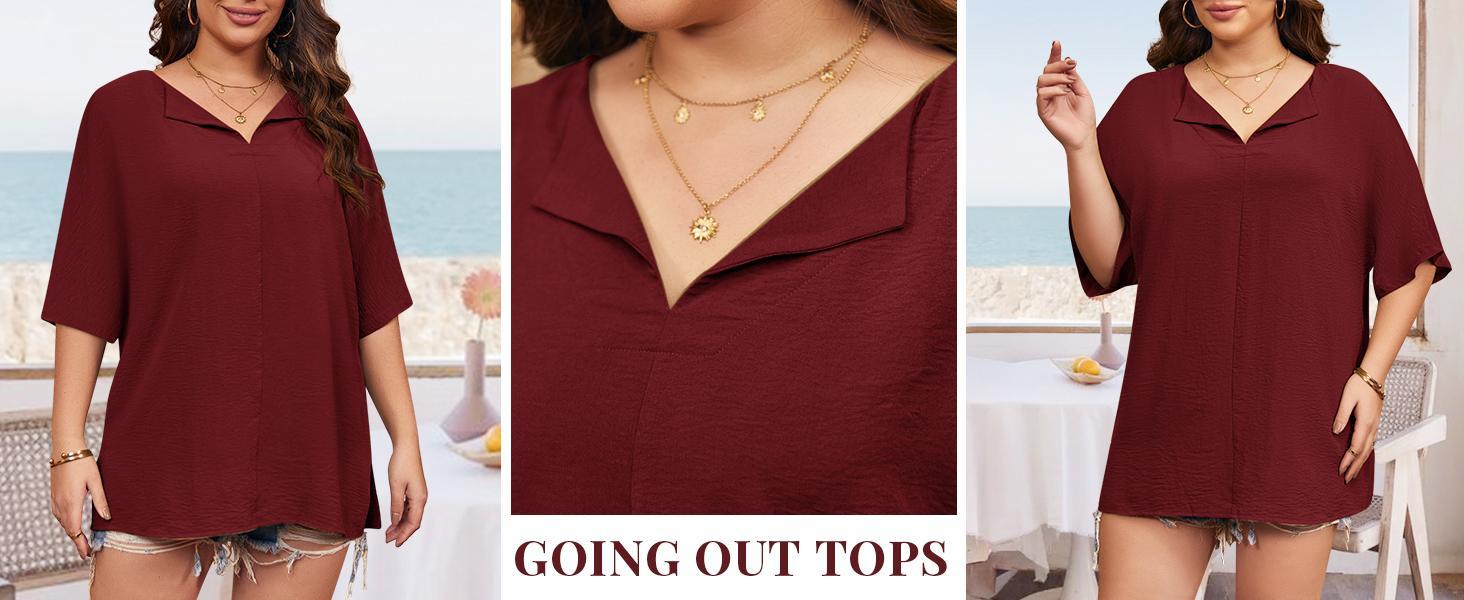 Imily Bela Curve Womens 2025 Plus Size Tops Short Sleeve V Neck Tee Blouse Summer Loose Fit Casual Tunic Top XL-5XL