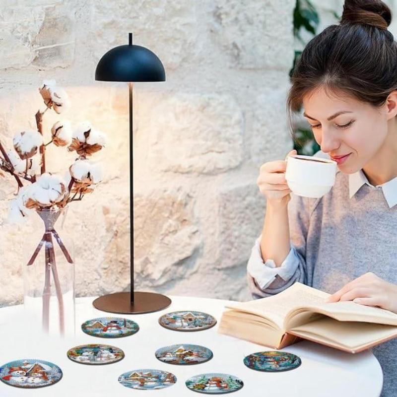 Snowman Cartoon Diamond Art Coasters With Display Holder, Diy Round Painting Craft Kit For Home Table Decor, Colorful Anti‑Slip Drink Coasters With Heat Insulation For Daily Use