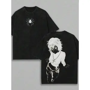 Hunter x Hunter Machi Phantom Troupe Spider Double Sided Graphic T-Shirt Vintage Washed Black Oversized 100% Cotton Short Sleeve Tee Anime Dark Grunge Streetwear For Men Women