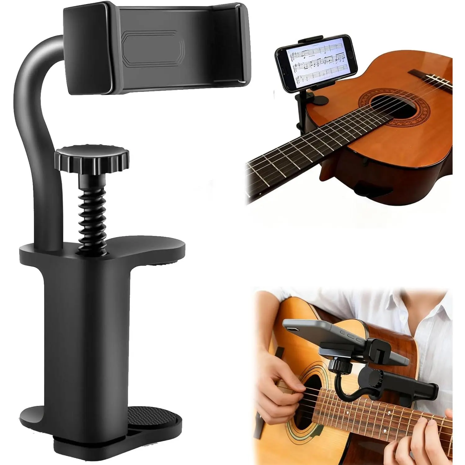 Guitar Phone Holder,Adjustable Rotatable Guitar Phone Mount,Phone Holder for 6-10 CM Thick Acoustic Guitar/Electric Guitar/Bass/Ukulele,Guitar Playing Recording Phone Clip