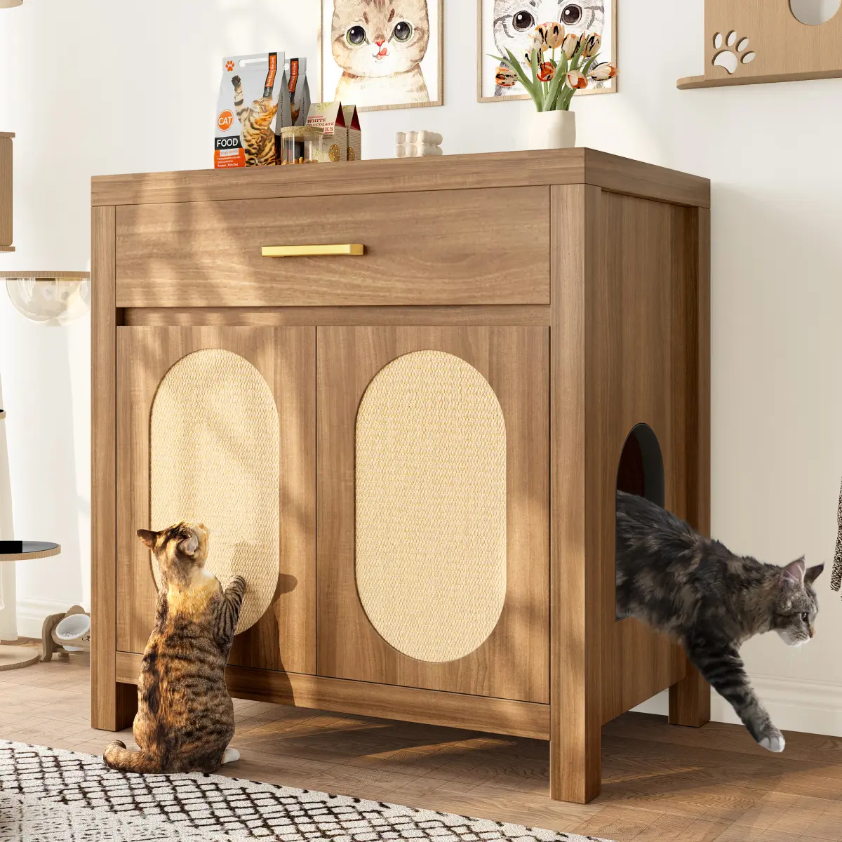 MDF Cat Litter Box Enclosure Furniture 28.34×18.97×22.83 Inch Multi Purpose Hidden Cat House Side Coffee Table With Sisal Scratch Pad Top Drawer Expandable Two-Room Design 176LBS Weight Capacity Indoor Pet Cabinet