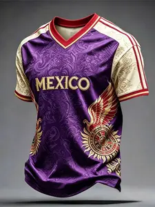 Mexico Gold Eagle Football V-Neck Shirt, Soccer Champion Gameday Shirt, Casual Long Fitted Ethnic Pattern Top, All Seasons Wear