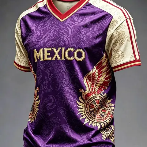Mexico Gold Eagle Football V-Neck Shirt, Soccer Champion Gameday Top, Casual Ethnic Pattern Design, All-Season Wear, Soccer Jerseys
