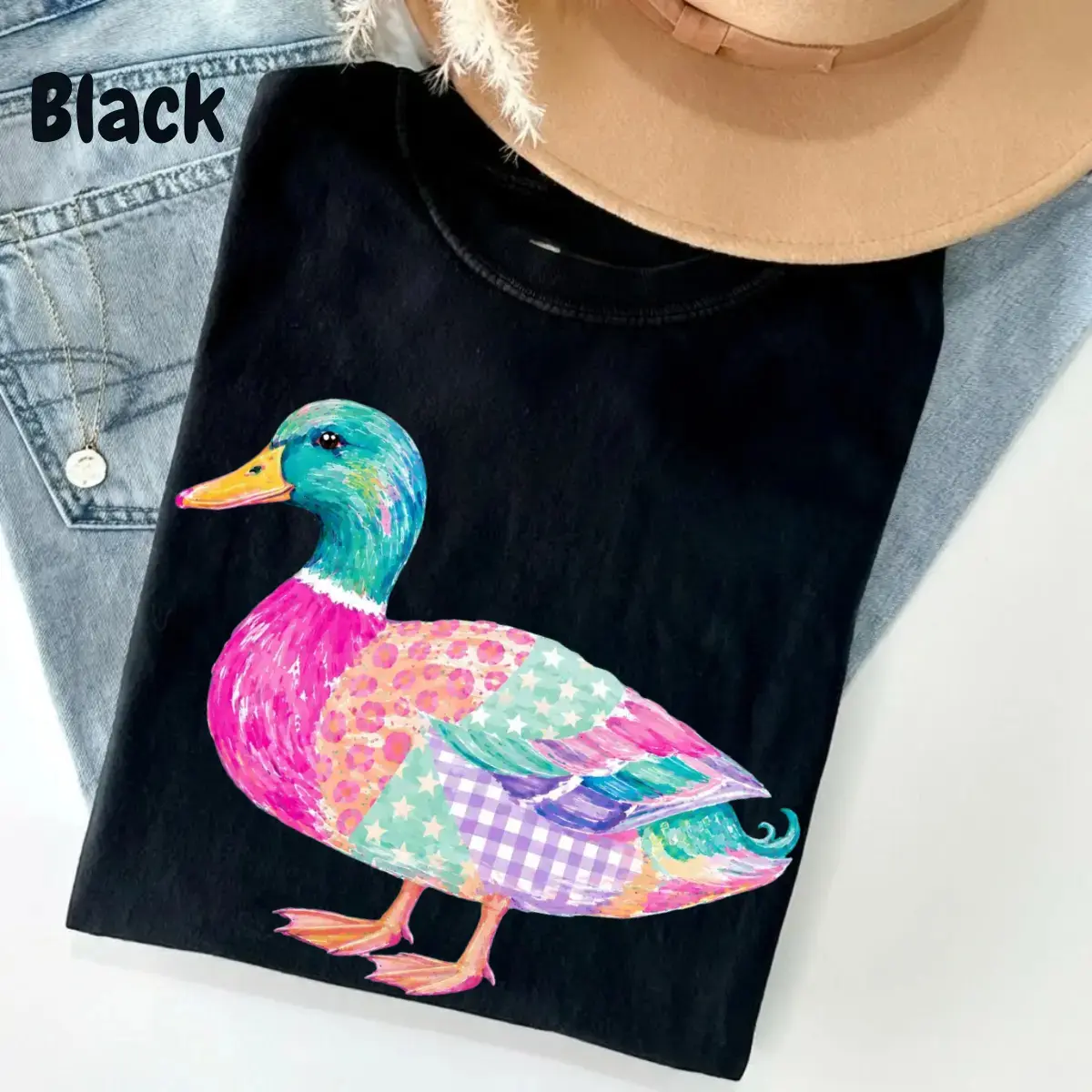 Women's Casual Short-Sleeve Soft Mallard Duck Top, Printed Patchwork Lake Life Graphic T-Shirt, Tops, Apparel, Shortsleeve, Fashion, Clothes, Fabric, Round Neck, Cotton, All Seasons, Breathable, Graphic Print, Patchwork Duck