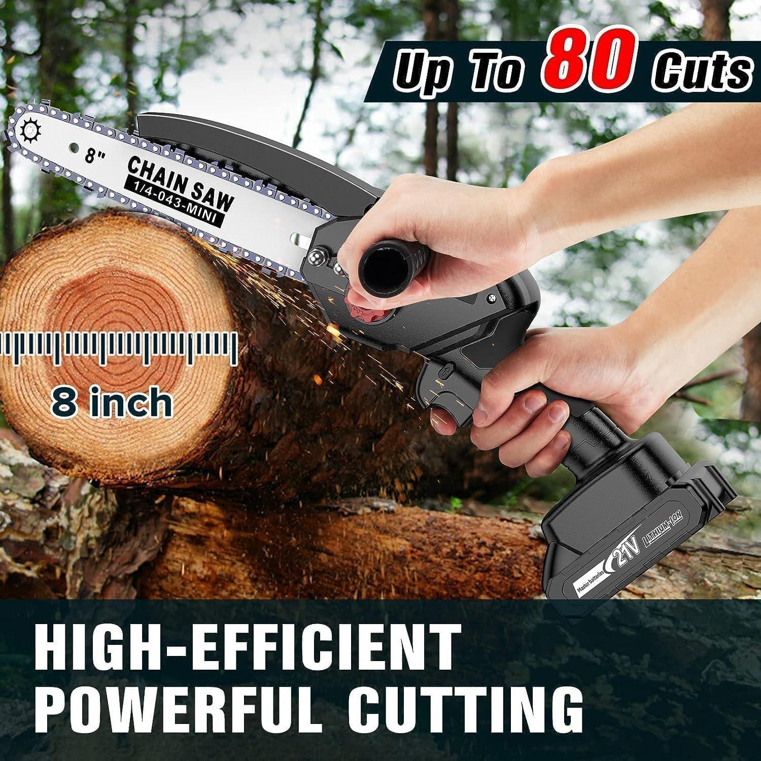 Seesii Mini Chainsaw 8-Inch, Cordless Battery Chainsaw with Extra Grip, Brushless Chainsaw with Automatic Tanker, 2 21V 2000MAh Batteries, Handheld Chainsaw for Tree Pruning and Cutting