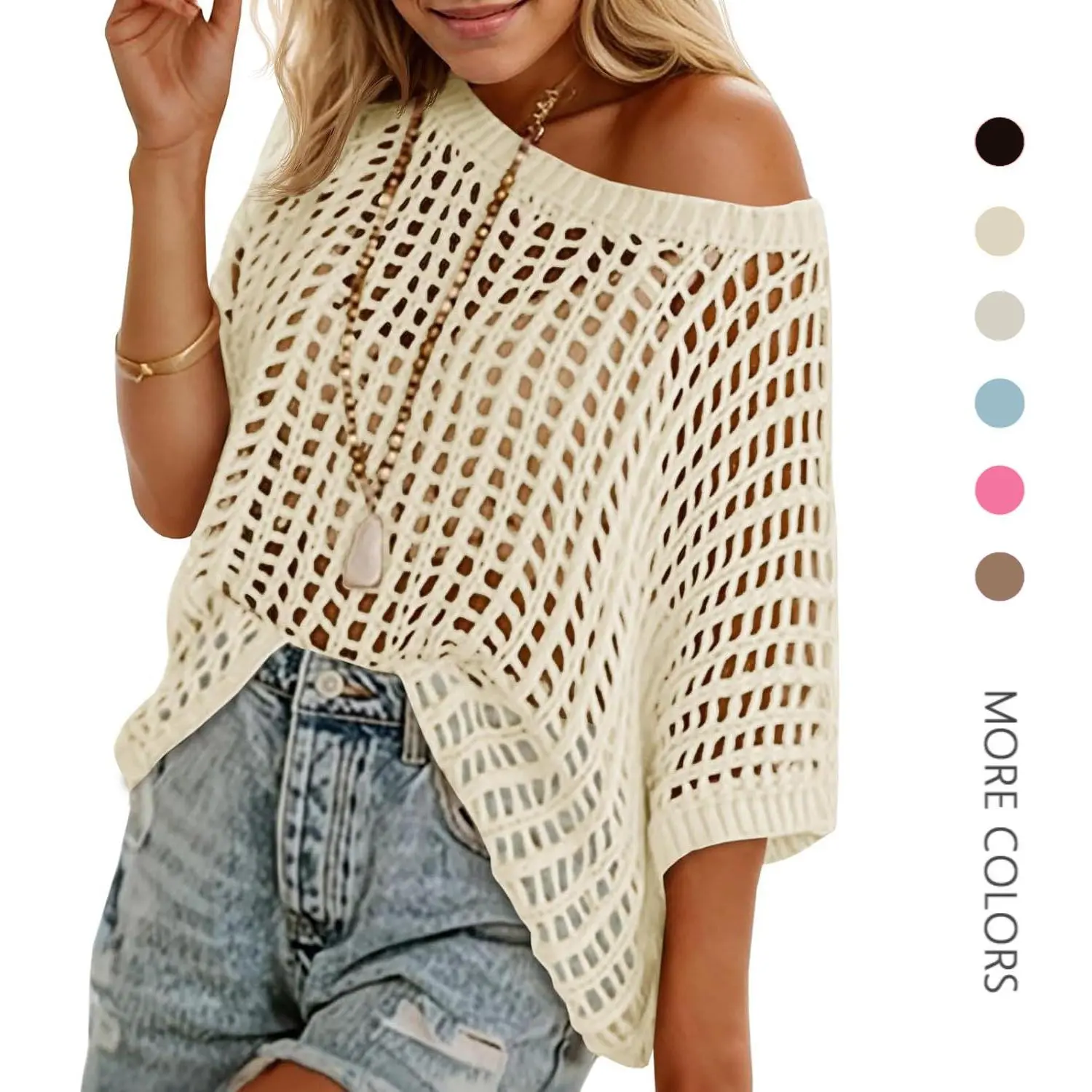 Women's Oversized Crochet Knit Sweater, Batwing Short Sleeve Pullover with Off Shoulder Boat Neck, Boho Lightweight Summer Beach Cover Up, Swimming, Beachwear