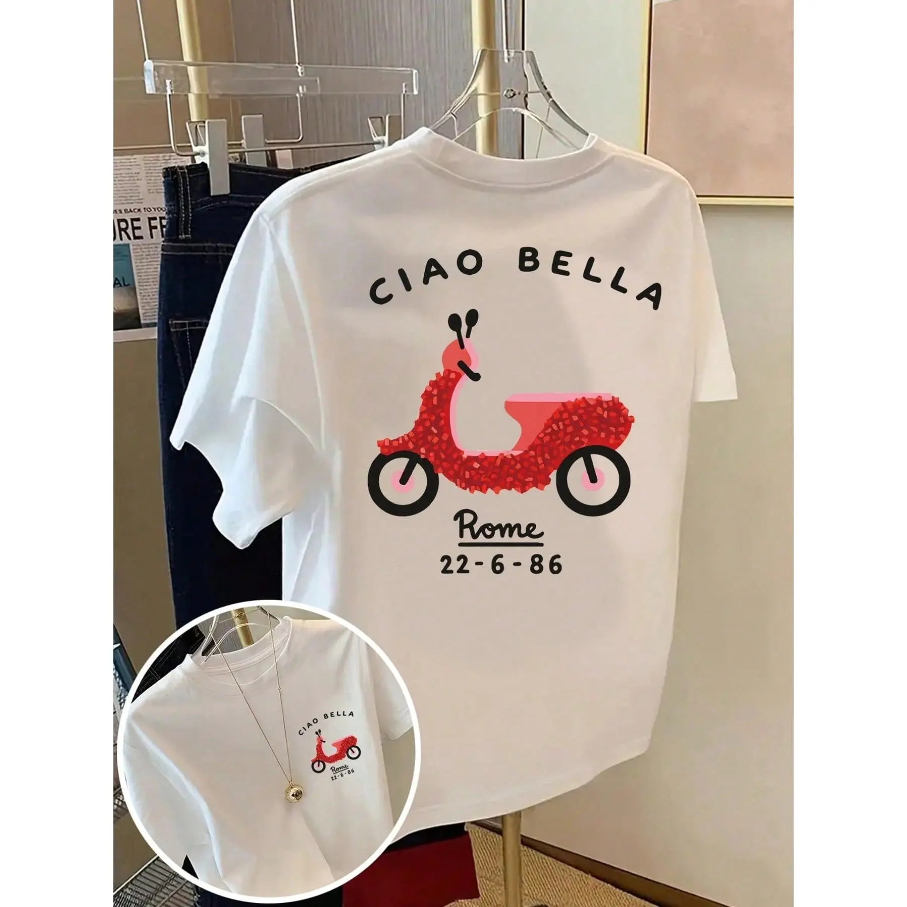 Women's Ciao Bella Rome Print Knitted Seamless Shortsleeve Sports Top - Loose Relaxed Fit, Plus Size High-Quality Cotton, Funny Sarcastic Casual Piece for Spring/Summer