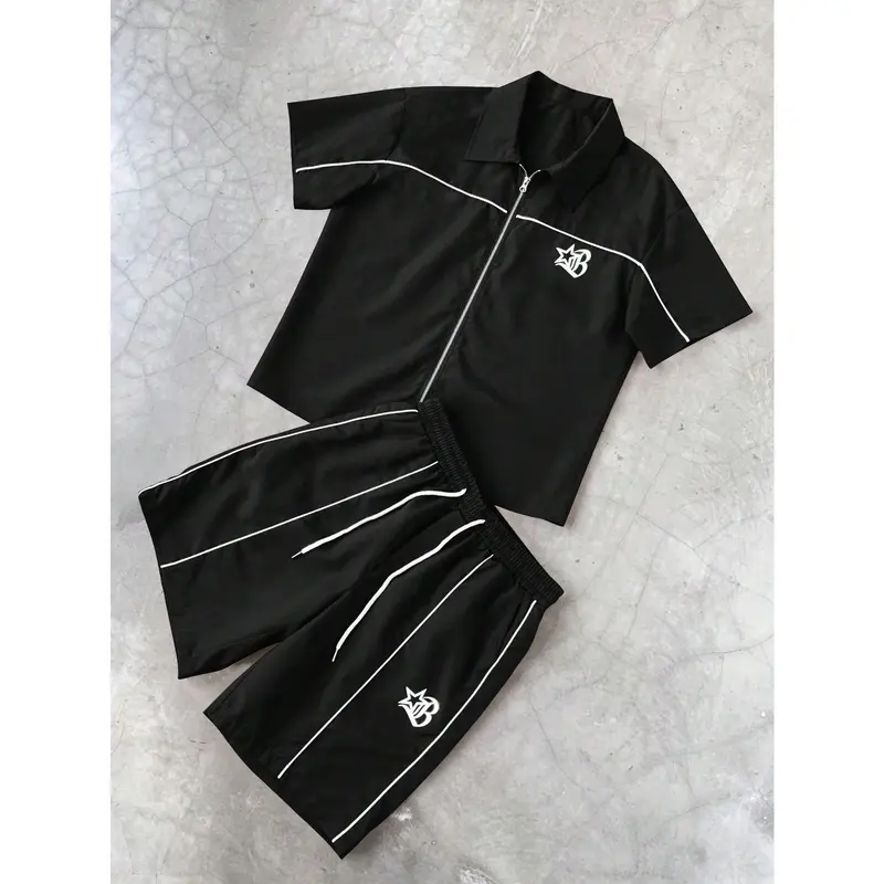 Men's 3pcs Star Print Short Sleeve Zipper Front Shirt & Shorts Summer Streetwear Outfits
