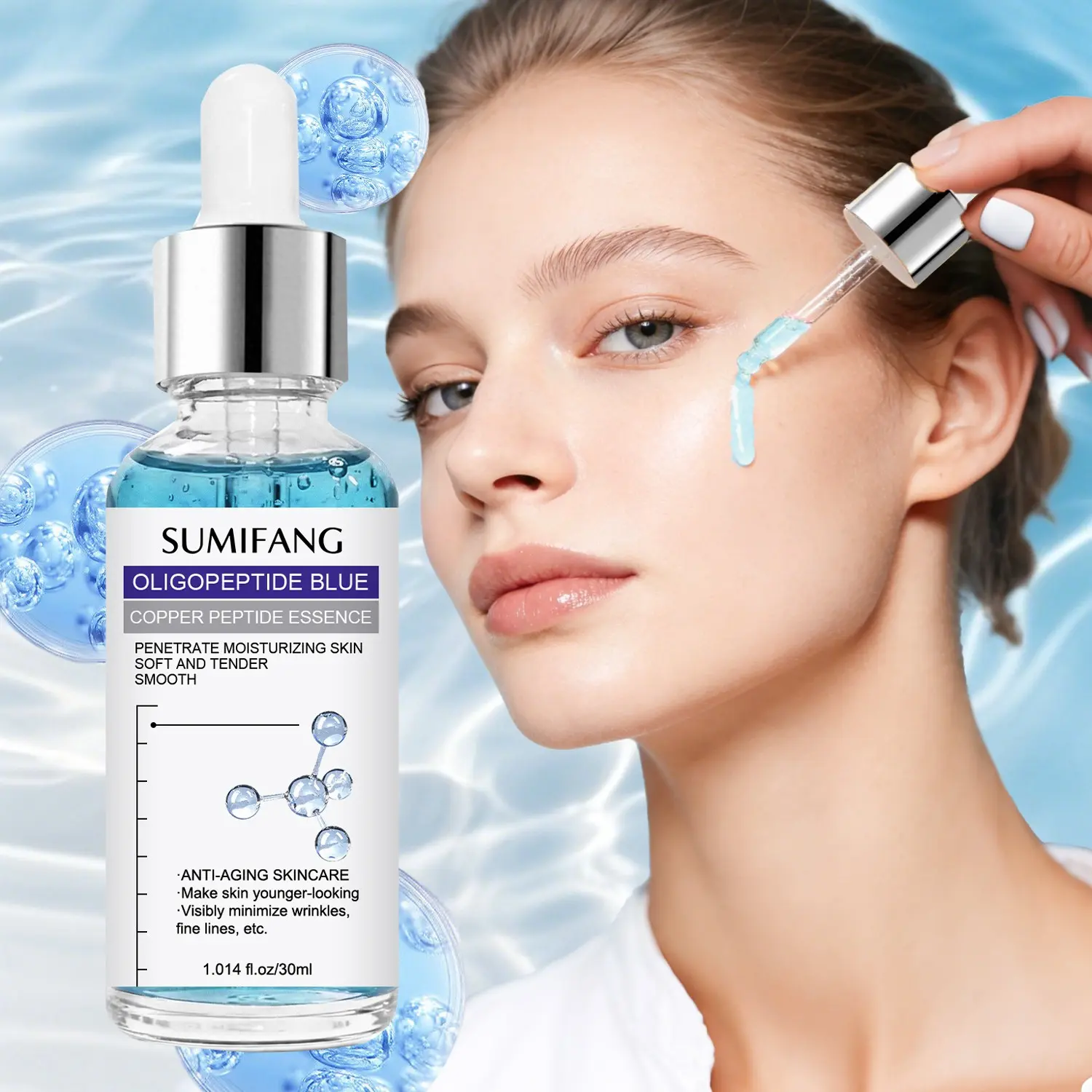 SUMIFANG Oligopeptide Copper Peptide Essence 30ml – An anti-aging facial essence containing copper peptides, collagen, and hyaluronic acid | Firming, smoothing, lifting, and moisturizing; suitable for daily use by both men and women.
