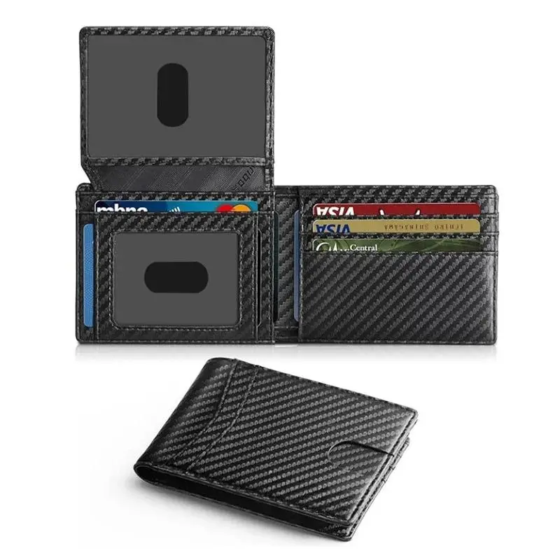 Men's Chic Bifold Wallet, Cow Hide Leather Cardholder with Carbon Fiber Edge, Lightweight with RFID Blocking & ID Window for Wedding & Holiday, Leather Bifold Cardholder, Plain