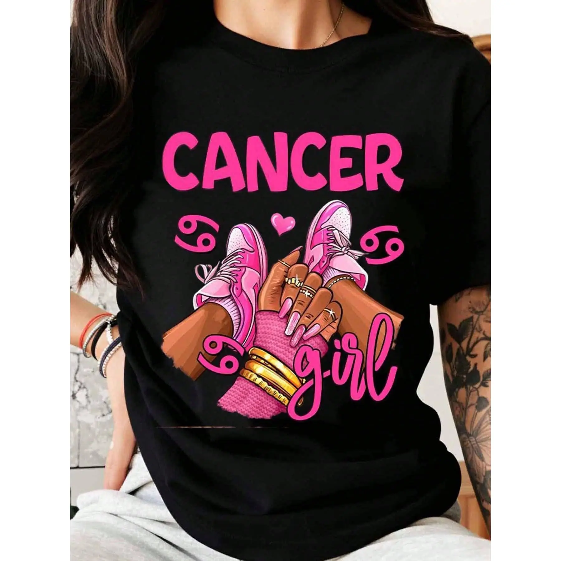 T Shirt For Women Astrology Fashion Graphic Tee Pink Sneakers Design Cancer Woman Gift Clothing Y2K Streetwear elwood yell yard