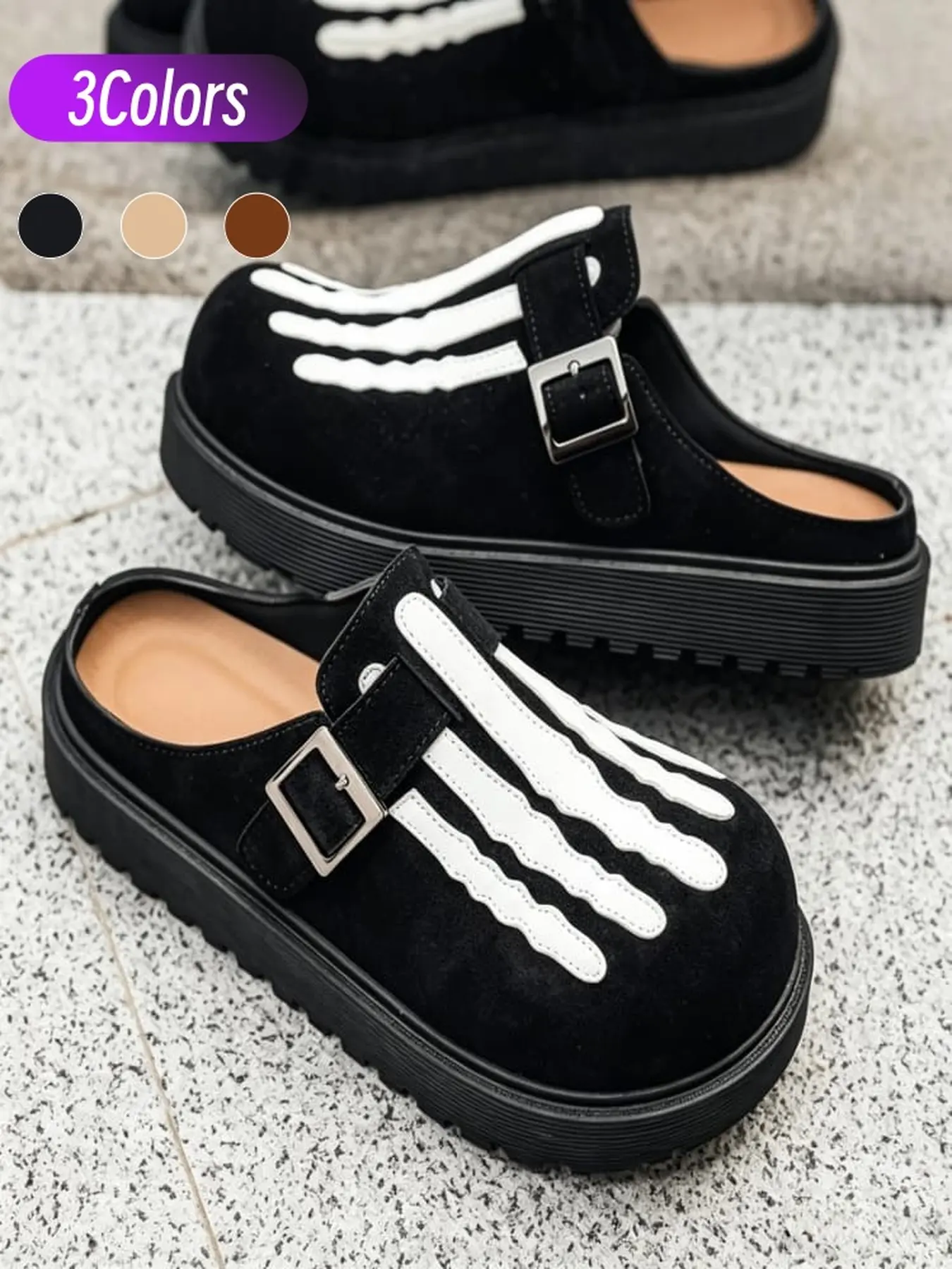 1 Pair Suede Texture Mens Skeleton Print Slides Retro Street Style Thick Sole Mules Casual Wear For Shopping Outings