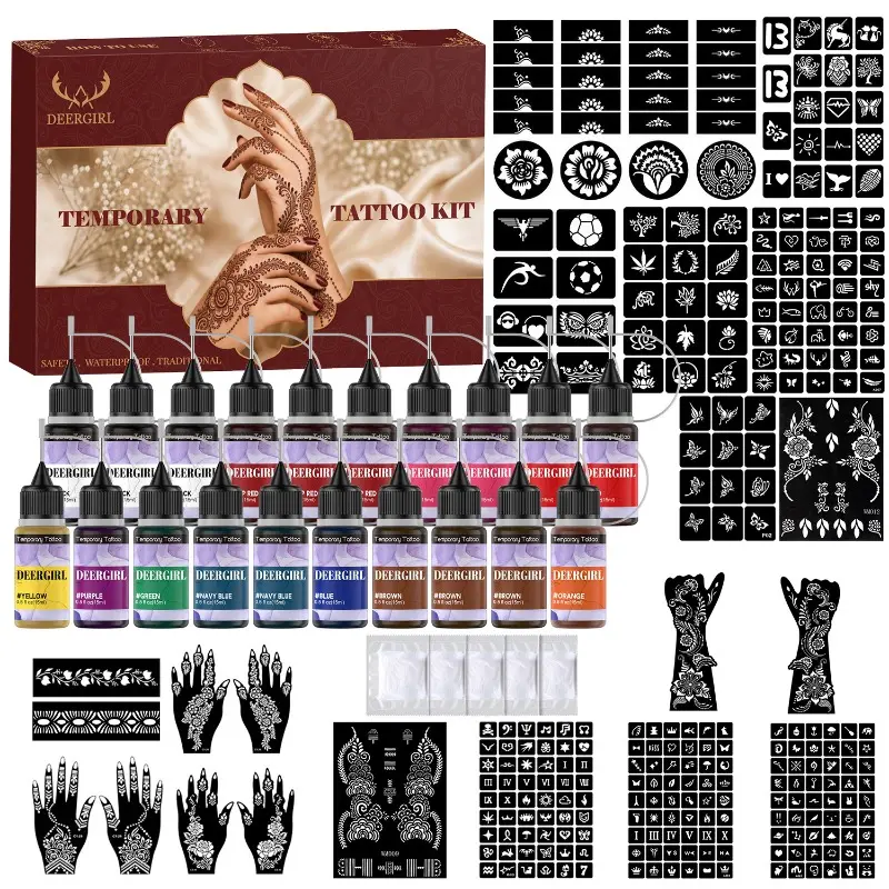 Full DIY Henna Temporary Tattoo Kit with 20 Large-Capacity Tattoo Inks & Reusable Assorted Henna Stencils, Aesthetic Smooth Application & Long-Lasting Color, Gentle Skin-Friendly Formula for Girls & Women, Hand & Body Art Painting Supplies for Parties,