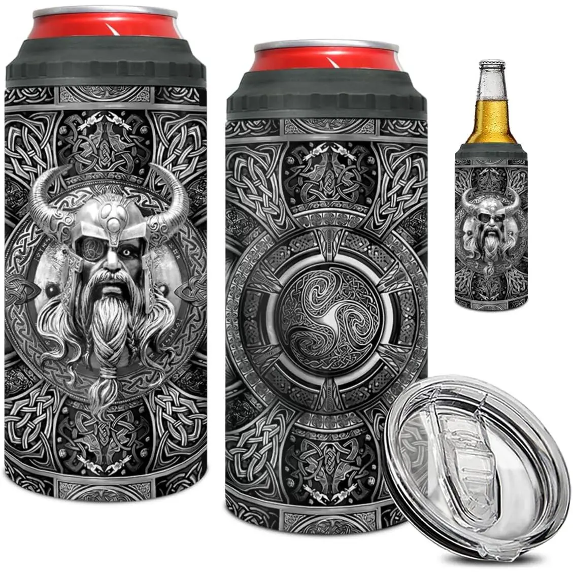 Viking Celtic Pattern 4-in-1 Can Cooler Tumbler With Lid 16oz Stainless Steel Insulated Cup For Viking Lovers Mens Holiday Gifts