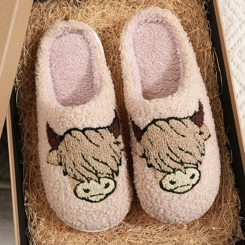 Soft Plush Highland Cow Slippers, Cute Embroidered Animal Design, Indoor Outdoor Warm Non-Slip Shoes, Fall Winter Gift for Cow Lovers, Casual Home Slippers, Warm House Slippers