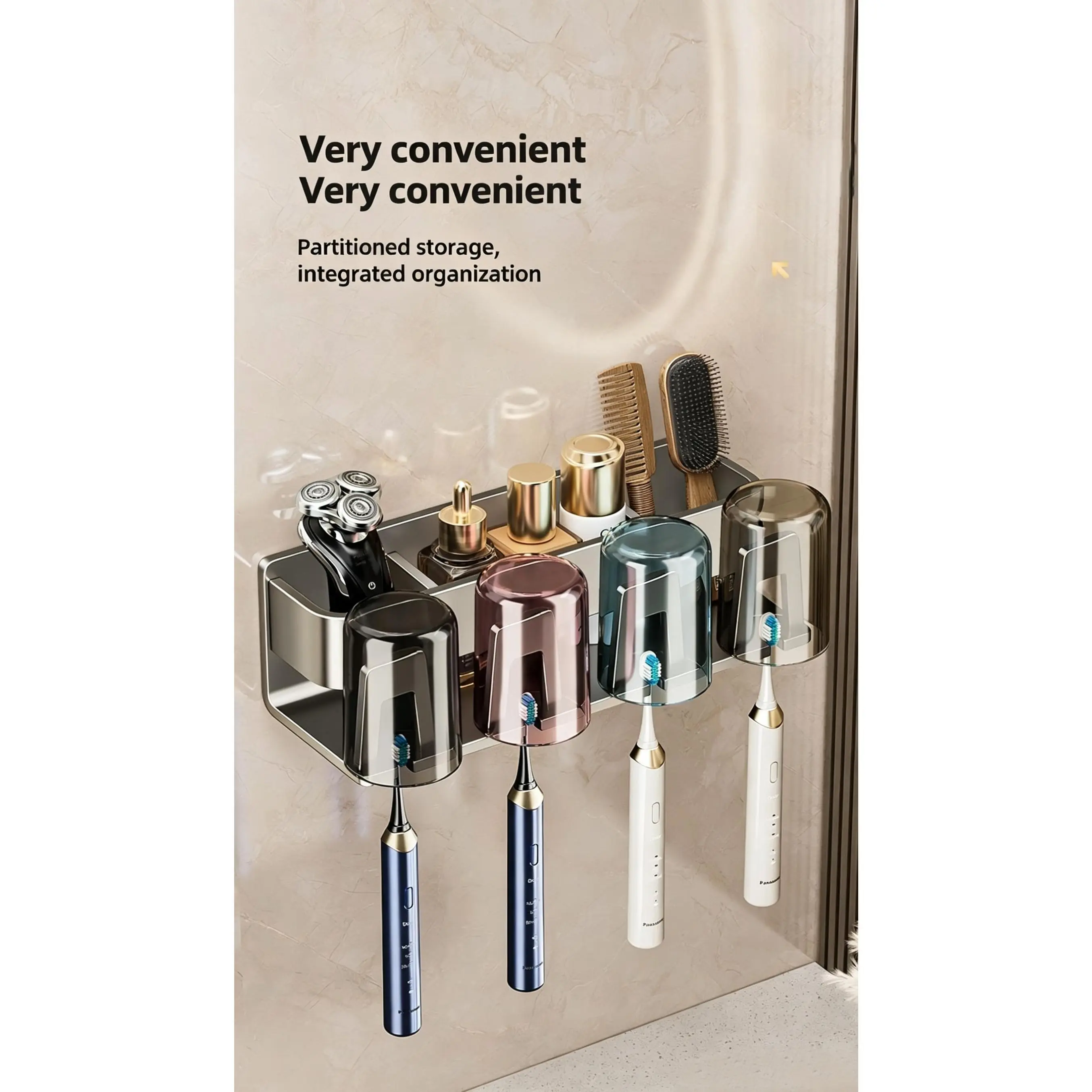 No-drill wall-mounted stainless steel toothbrush holder set with mouthwash cup, electric toothbrush and toothpaste storage rack